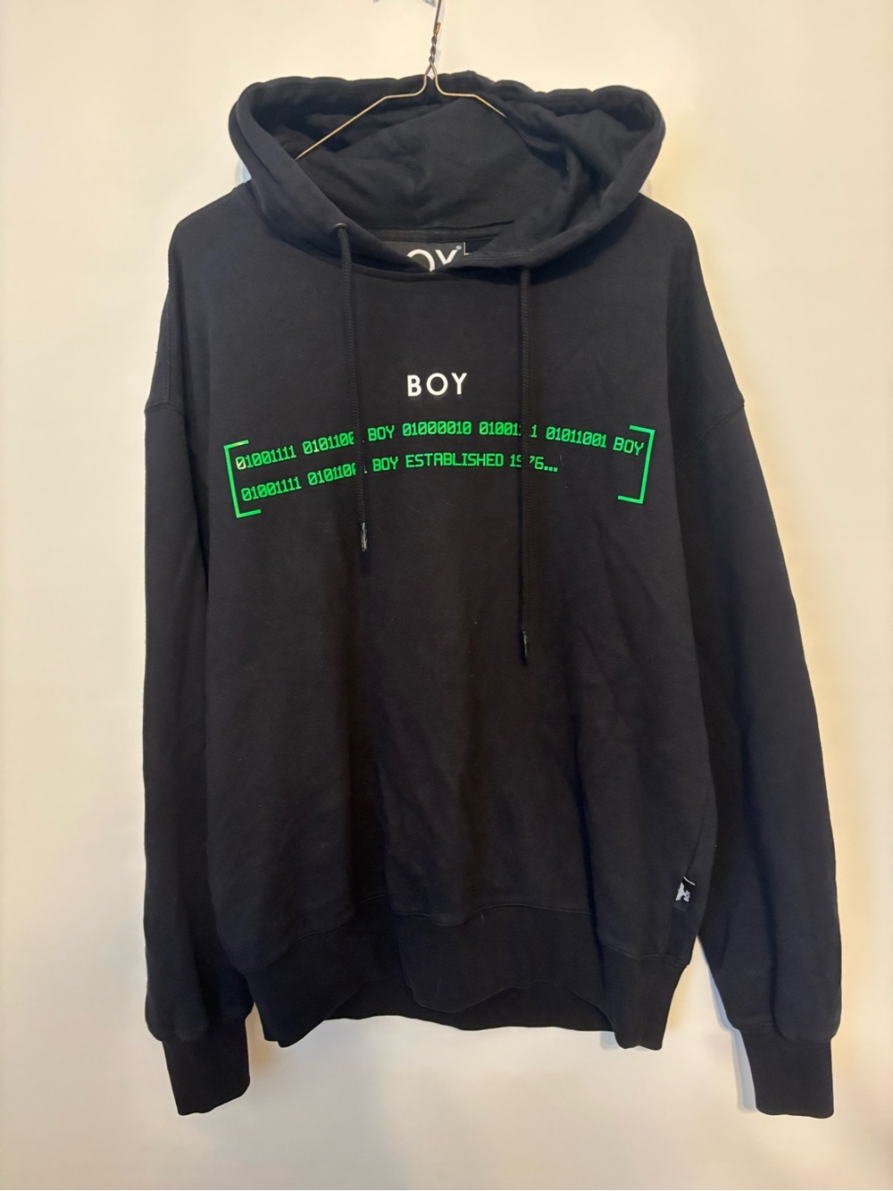 BOY London Black Hoodie with Neon Green Binary Graphic